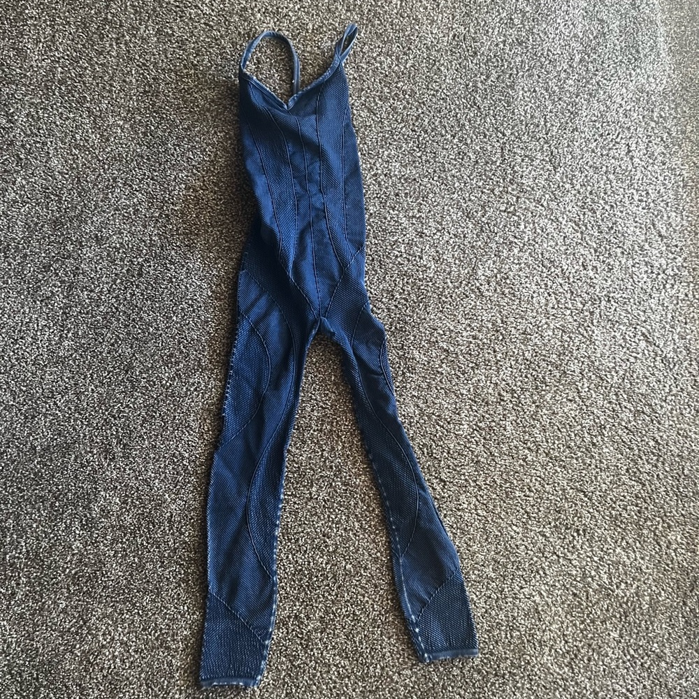 Free people onesie, washed denim blue black diamond